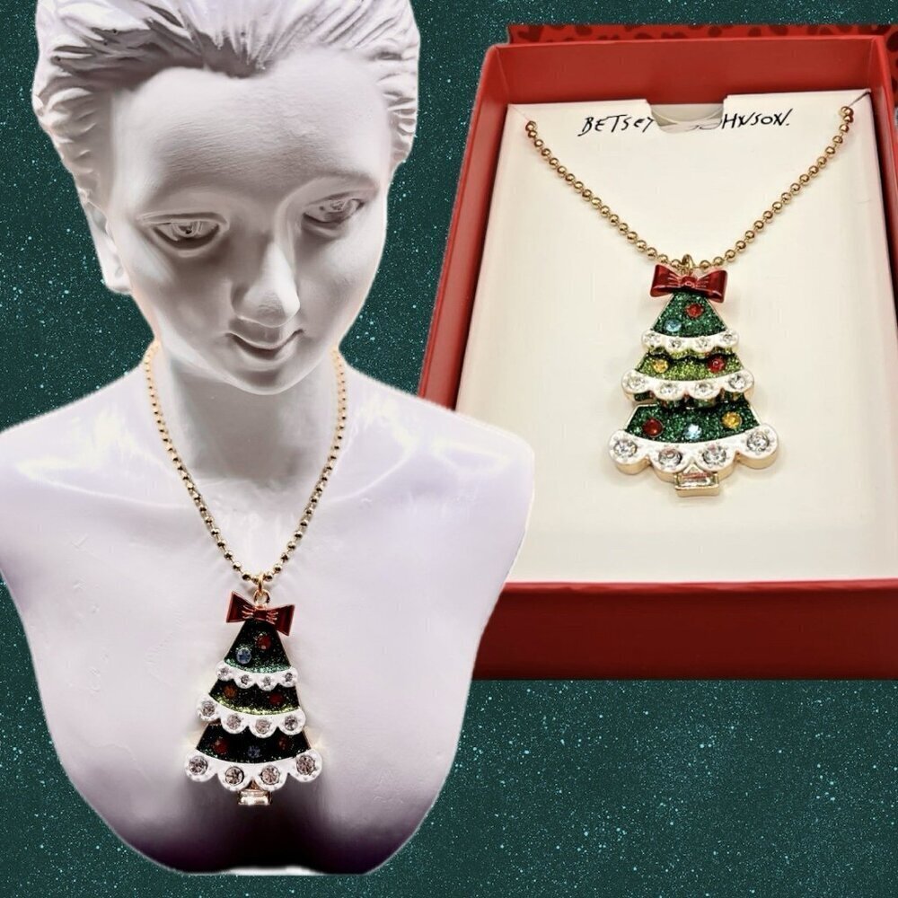Betsey Johnson Green Crystal Xmas Tree Moveable Parts Beaded Chain Necklace